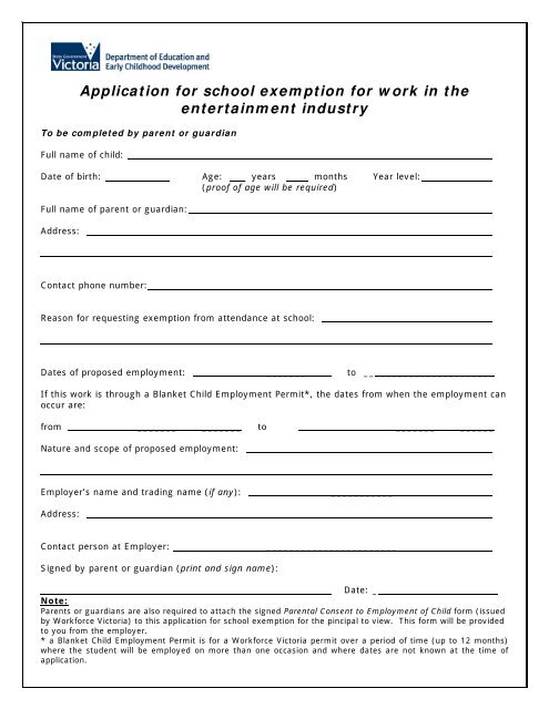 Application for school exemption for work in the entertainment 
