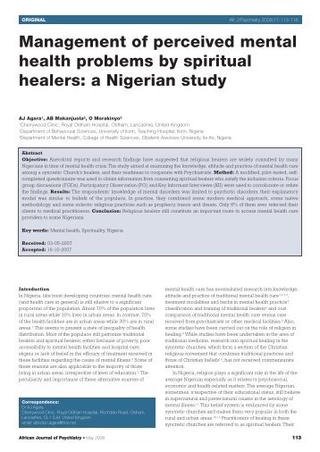 Management of perceived mental health problems by spiritual healers