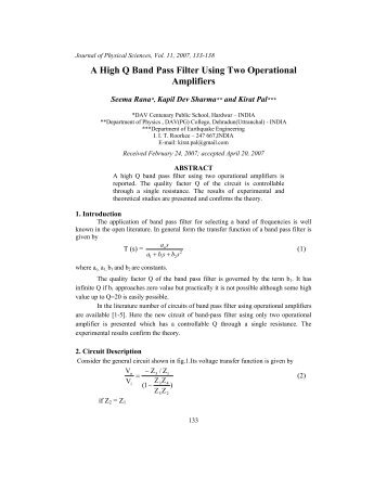 A High Q Band Pass Filter Using Two Operational Amplifiers