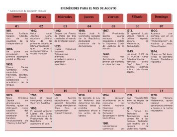 EFEMÉRIDES PARA EL MES DE AGOSTO 01 02 03 04 05 06 07 08 ...