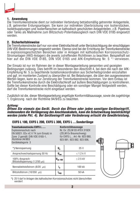 Montageanleitung Trennfunkenstrecken EXFS L 100 ... - EuroVolt