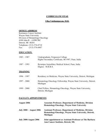 CURRICULUM VITAE Ulka Vaishampayan, MD OFFICE ADDRESS