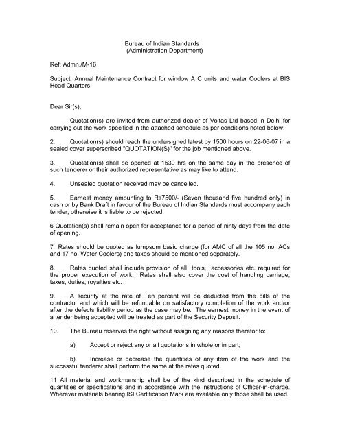 To, 04-06-07 Dear Sir, We intend to invite quotation for the ... - BIS