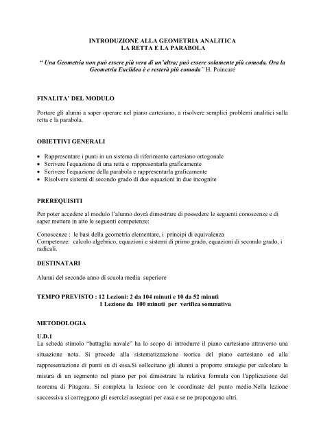 GEOMETRIA ANALITICA: LA RETTA E LA PARABOLA - ITIS E. Divini