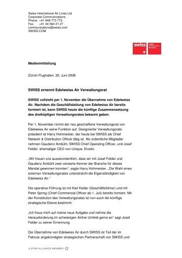 SWISS ernennt Edelweiss Air Verwaltungsrat