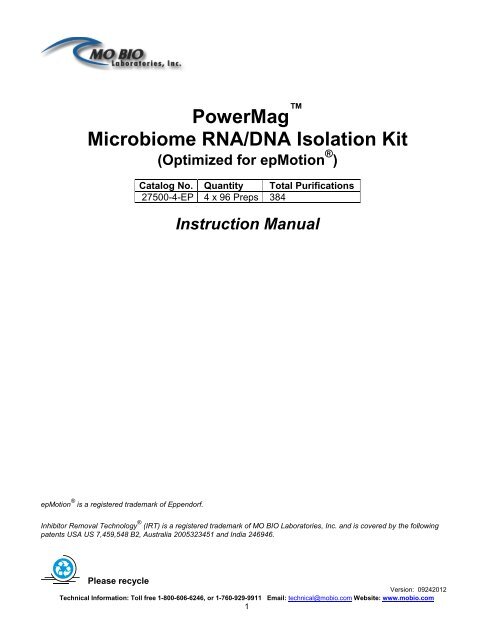 PowerMag Microbiome RNA/DNA Isolation Kit - MO BIO Laboratories