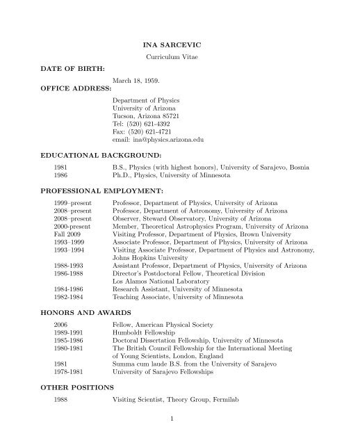 CV and publication list - Department of Physics - University of Arizona