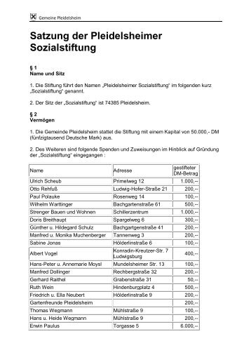 Satzung der Pleidelsheimer Sozialstiftung - Gemeinde Pleidelsheim