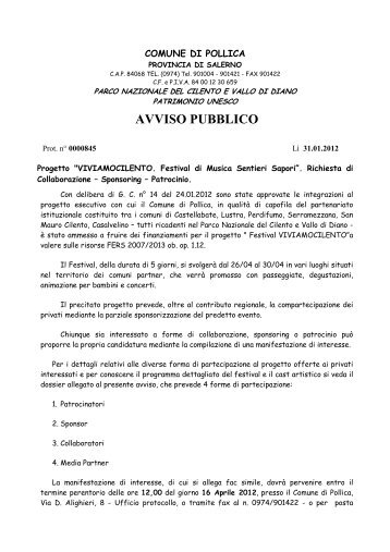 Avviso pubblico - PROGETTO VIVIAMOCILENTO - - Comune di Pollica