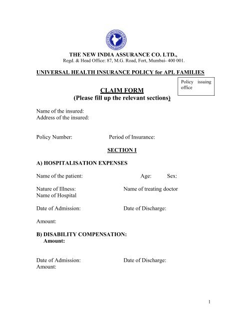 CLAIM FORM - The New India Assurance Co. Ltd.