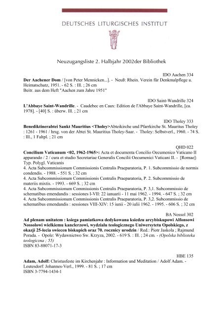 Neuzugangsliste 2 Halbjahr 2002der Bibliothek Deutsches
