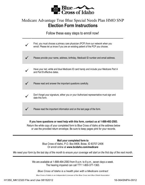 True Blue Special Needs Plan HMO SNP Enrollment Application