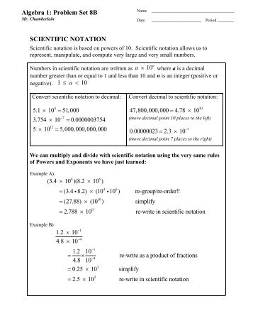 SCIENTIFIC NOTATION Algebra 1: Problem Set 8B - MathChamber
