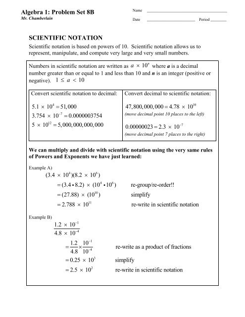 SCIENTIFIC NOTATION Algebra 1: Problem Set 8B - MathChamber