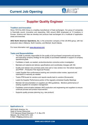 Supplier Quality Engineer - AKG Gruppe