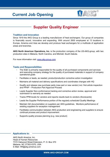 Structureel Honger Opschudding Supplier Quality Engineer - AKG Gruppe