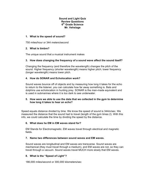 Sound and Light Quiz Review Questions 6th Grade Science Mr ...