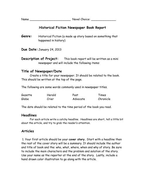 Historical Fiction Newspaper Book Report Genre: Title of ...