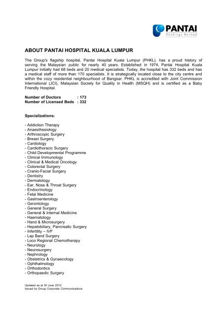 ABOUT PANTAI HOSPITAL KUALA LUMPUR - Parkway Pantai