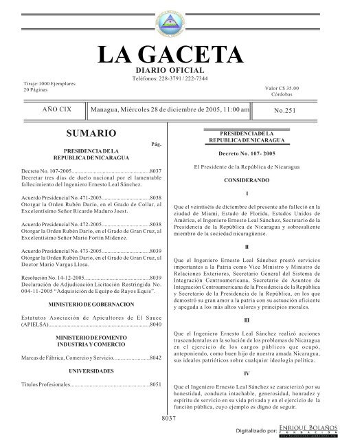 Gaceta - Diario Oficial de Nicaragua - # 251 de 28 Diciembre 2005