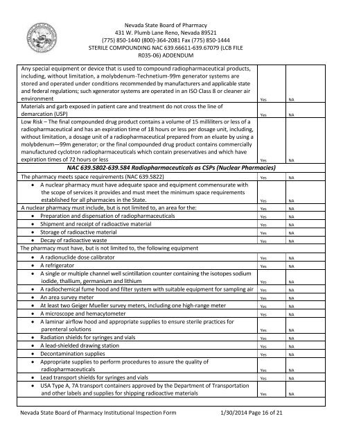 Institutional Pharmacy Inspection: Instruction Sheet and Form