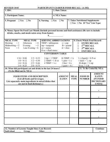 REVISED 10/01 PARTICIPANT'S 24-HOUR FOOD RECALL (A-102 ...