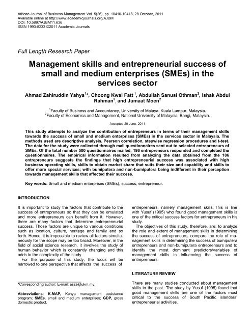 Management Skills And Entrepreneurial Success Of Small And