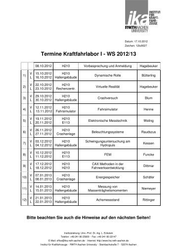 Termine Kraftfahrlabor I - WS 2012/13 - ika - RWTH Aachen University