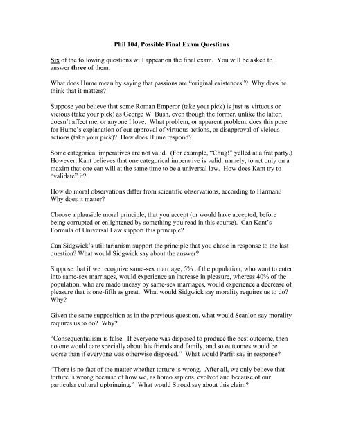 Phil 104, Possible Final Exam Questions Six of the following 