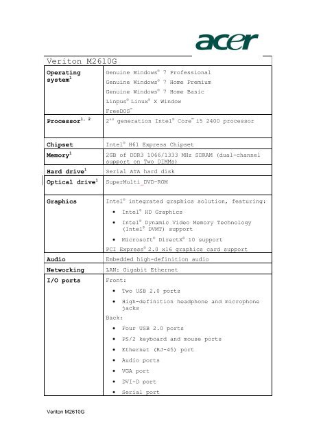 Veriton M4610 / M4610G / M4618G spec - Acer India