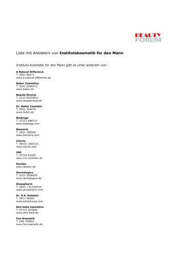 Liste mit Anbietern von Institutskosmetik für den Mann - Beauty Forum