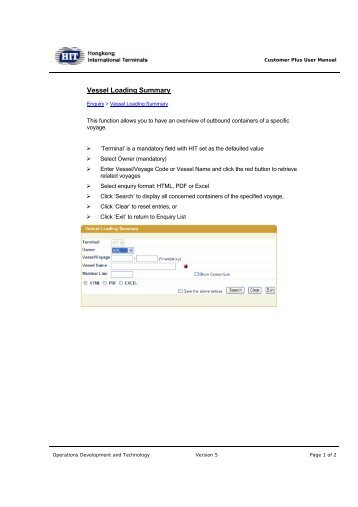 Vessel Loading Summary