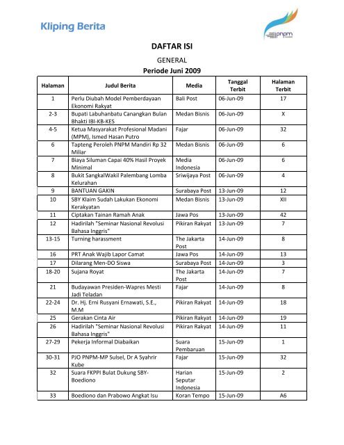 Daftar Isi Kliping Berita PNPM Mandiri Periode Juni ... - psflibrary.org