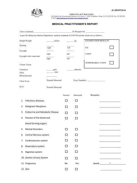 Medical Practitioner's Report - Jabatan Laut Malaysia