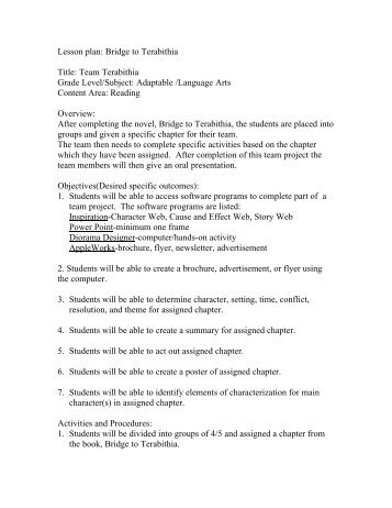 Lesson plan: Bridge to Terabithia Title: Team Terabithia Grade Level ...