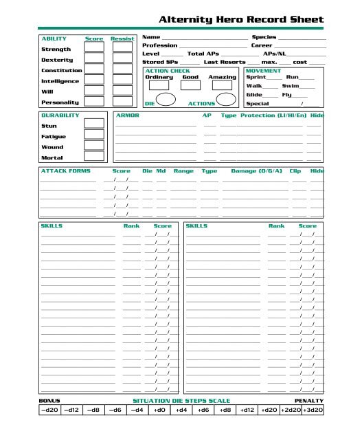 Alternity Hero Record Sheet - RPG Sheets