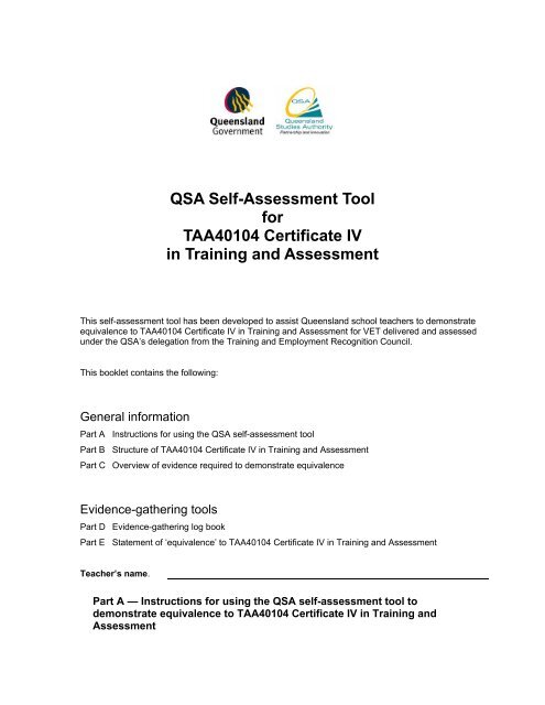 QSA Self-Assessment Tool for TAA40104 Certificate IV in Training ...