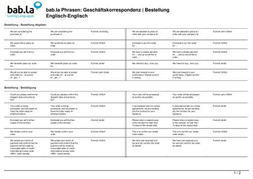 Phrasen: GeschÃ¤ftskorrespondenz | Bestellung (Englisch ... - Bab.la