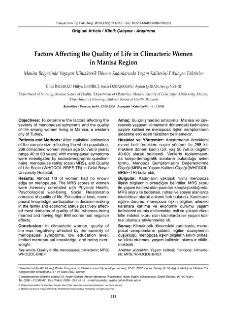 Factors Affecting the Quality of Life in Climacteric Women in Manisa ...