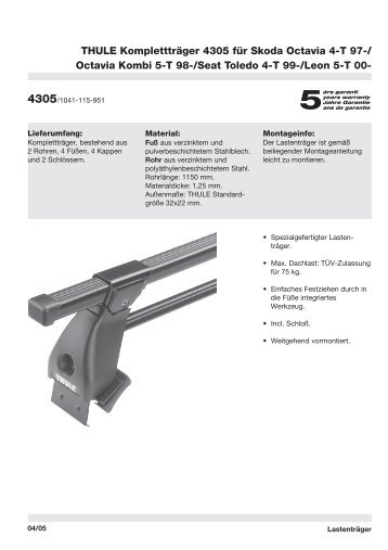 THULE KompletttrÃ¤ger 4305 fÃ¼r Skoda Octavia 4-T 97-/ Octavia ...