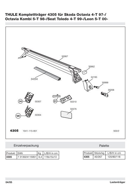 THULE KompletttrÃ¤ger 4305 fÃ¼r Skoda Octavia 4-T 97-/ Octavia ...