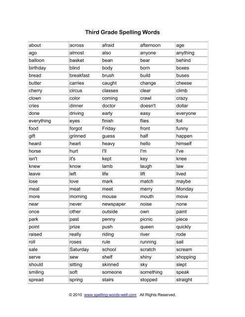 Printable version of Third Grade Spelling Words - Spelling Words Well