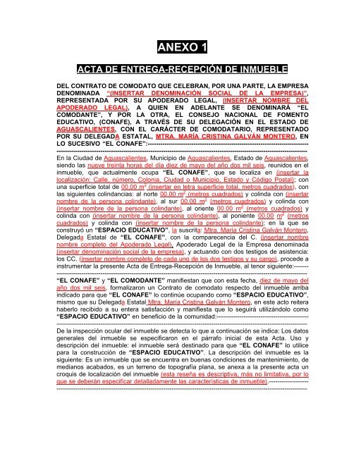 Contrato Comodato con Empresas inmueble ocupado - conafe.edu.mx
