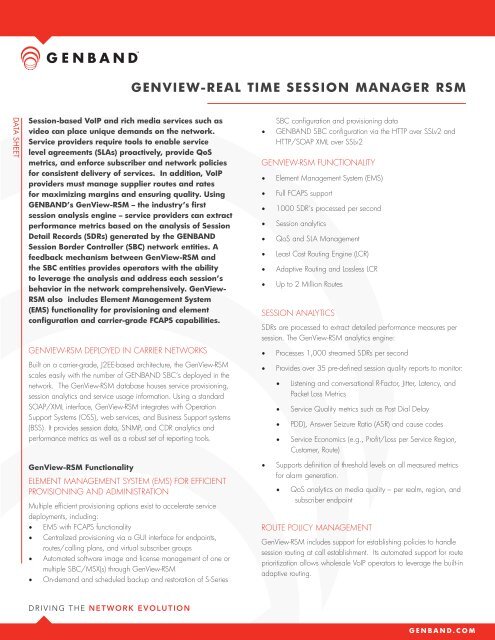 GENVIEW-REAL TIME SESSION MANAGER RSM - Genband