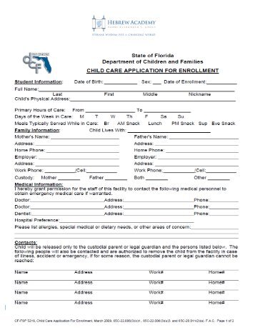 State of Florida DCF Childcare Enrollment Application Form - Rasg.org