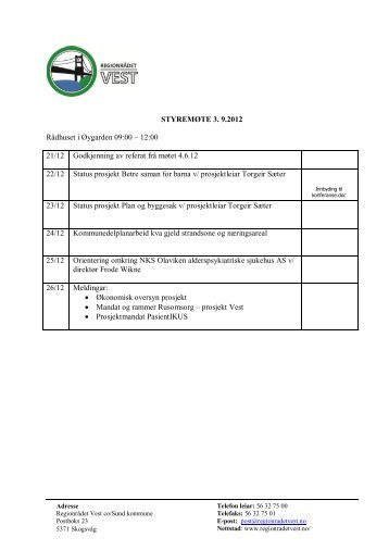 Møteinnkalling og dokument - Regionrådet Vest