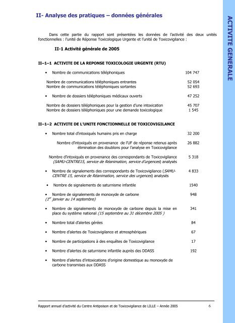 RAPPORT ANNUEL 2005 - Centre antipoison de Lille