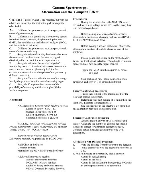 Gamma Spectroscopy, Attenuation and the Compton Effect. A.