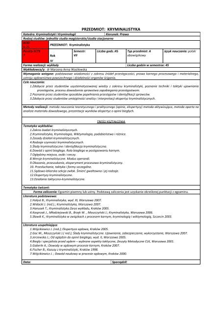 Pakiet Informacyjny ECTS WPiA U S - WydziaÅ Prawa i Administracji