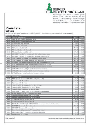 Versandpreisliste (Schweiz) - Berger Biotechnik GmbH
